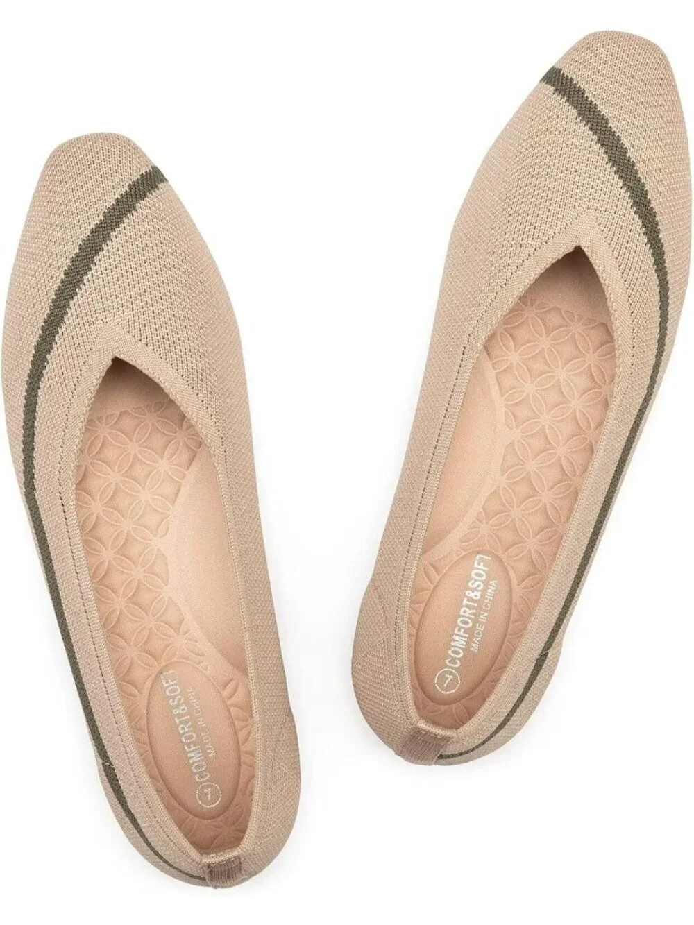 Women's Camel Flats Square Toe Washable Comfortable Knitted Cotton Shoes